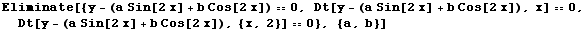 Eliminate[{y - (a Sin[2 x] + b Cos[2 x]) == 0, Dt[y - (a Sin[2 x] + b Cos[2 x]), x] == 0, Dt[y - (a Sin[2 x] + b Cos[2 x]), {x, 2}] == 0}, {a, b}]
