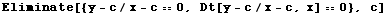 Eliminate[{y - c/x - c == 0, Dt[y - c/x - c, x] == 0}, c]